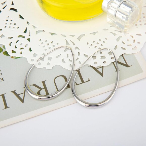 Sliver Lightweight Teardrop Large Oval Pull Through Hoop Earrings for Women - Picture 4 of 6